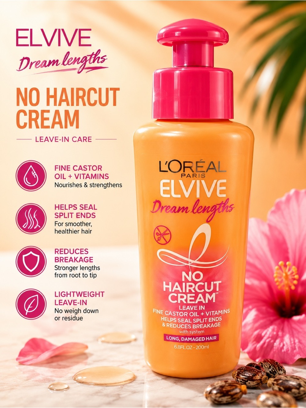 L'Oreal Elvive Dream Lengths No Haircut Cream - Orange & Pink Bottle